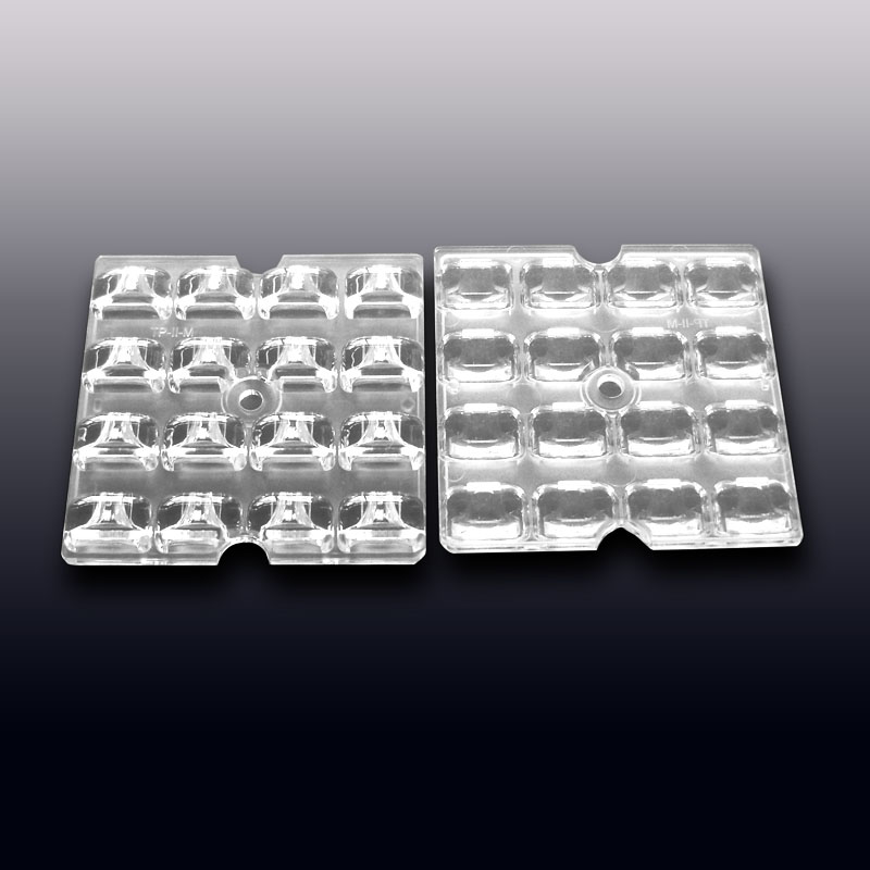 4x4 arrays 50 x 50 mm LED lens for 2525, 3030, 3535 LEDs, suitable for flood lights, tunnel lights, stadium lights, parking lot lighting, and high bay lighting. (HX-F4x4-xx Series)